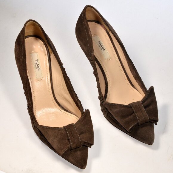 Prada Brown Suede Bow Heel Shoes Size 36 W/ Box - Picture 7 of 10